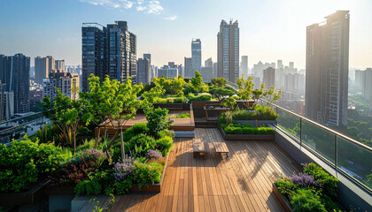 Fototapeta premium Rooftop garden with lush greenery and wooden decking, offering a serene escape amidst the urban skyline.
