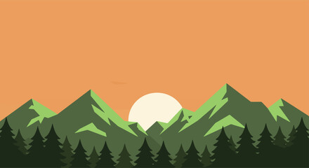 Sunset Mountain Forest Illustration - Orange Sky, Pine Tree Silhouette, Minimal Vector Background