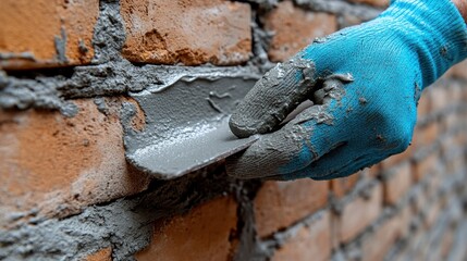Close-up of a gloved hand spreading mortar between bricks