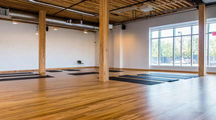 Spacious fitness studio featuring wooden floors, large windows, and yoga mats arranged neatly. serene environment promotes relaxation and wellness