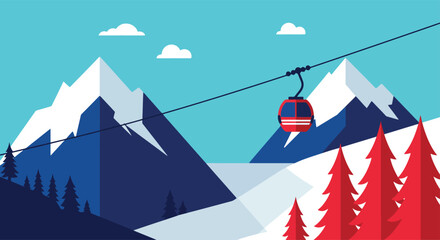 Ski Resort Landscape Illustration – Snowy Peaks, Cable Car Gondola, Winter Mountain, Vector Clipart