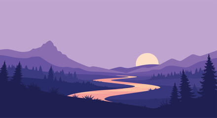 Sunset River Valley Vector - Purple Mountains and Pine Forest