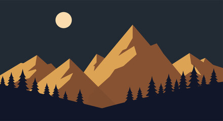 Night Mountain Landscape Vector - Moonlit Peaks and Pine Forest Illustration