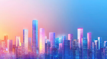 Naklejka premium Vibrant city skyline at dusk, showcasing tall skyscrapers illuminated in various colors, creating stunning urban landscape