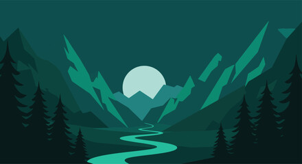 Night Mountain Landscape Vector - River Valley and Full Moon Teal Minimal Illustration