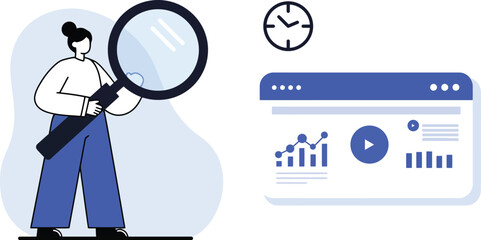 Analytics Dashboard Illustration - Person with Magnifying Glass Reviewing SEO and Web Metrics, Data Research Reporting and Time Management, Flat Character Vector for Marketing and UI