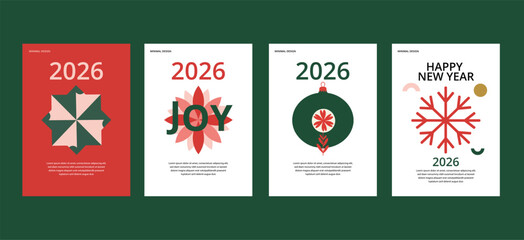 2026 Christmas and New Year Poster Set - Modern Geometric Holiday Layouts with Snowflake Ornament Wreath and Typographic Joy, Minimal Red Green White Vector Templates for Greeting Card Banner and Soci