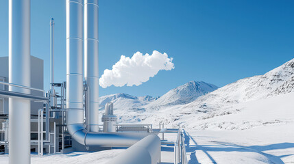 Snowy industrial landscape features large metallic pipes and structures, with cloud blue sky above. scene conveys sense of modernity