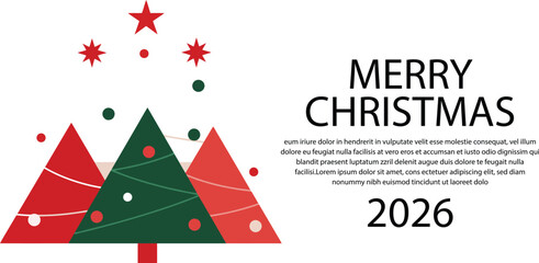 Merry Christmas 2026 Greeting Card - Minimal Trees and Stars, Red and Green Holiday Banner