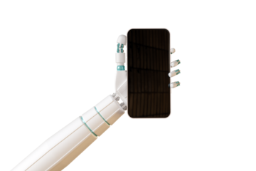 AI robotic arm hold smartphone isolate on white background