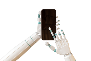 AI robotic arm hold smartphone isolate on white background