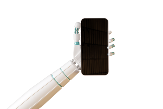 AI robotic arm hold smartphone isolate on white background