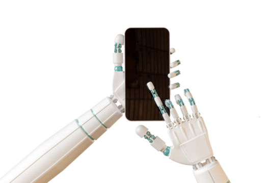 AI robotic arm hold smartphone isolate on white background