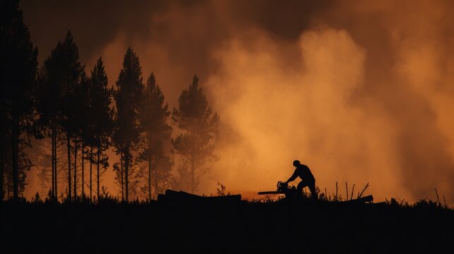 Silhouette of Worker Using Chainsaw at Dusk With Wildfire Smoke Filling the Sky Near the Tall Trees