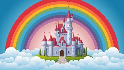 A whimsical fairytale castle perched atop a grassy island, floating amidst fluffy clouds, with a vibrant rainbow arching majestically overhead, evoking a sense of magic and wonder