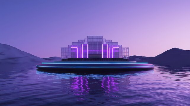A futuristic, glowing architectural structure with purple and blue neon lights, set on a circular platform floating on calm water under a twilight sky with distant mountains
