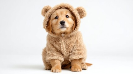 Fototapeta premium A fluffy puppy dressed in a cozy bear costume sits adorably on a plain white surface, exuding charm and innocence during a playful indoor moment, showcasing its delightful personality.