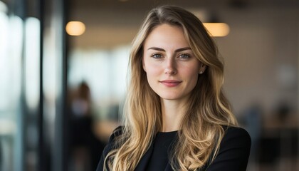Fototapeta premium The photo shows a blonde woman with green eyes, wearing a black blazer, smiling slightly at the camera in a well-lit office setting.