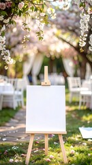 Blank easel in a spring garden setting