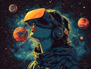 Fototapeta premium Person in VR headset gazes at a vibrant cosmic vista of planets and stars