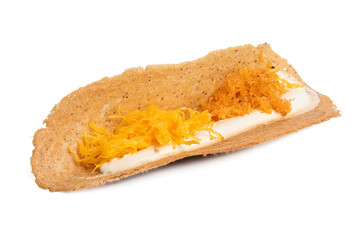 Photo of Thai crispy pancake taken with a high-resolution camera stacking focus technic using on a white background.