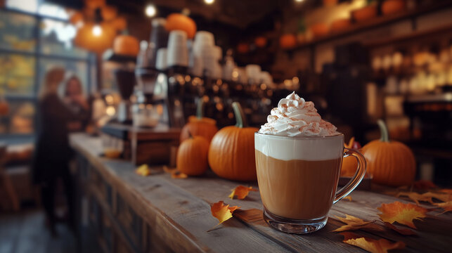Lifestyle coffee shop interior, barista serving pumpkin spice latte with whipped cream, halloween decor in background, pumpkins on counter, cozy warm lighting, autumn festive mood