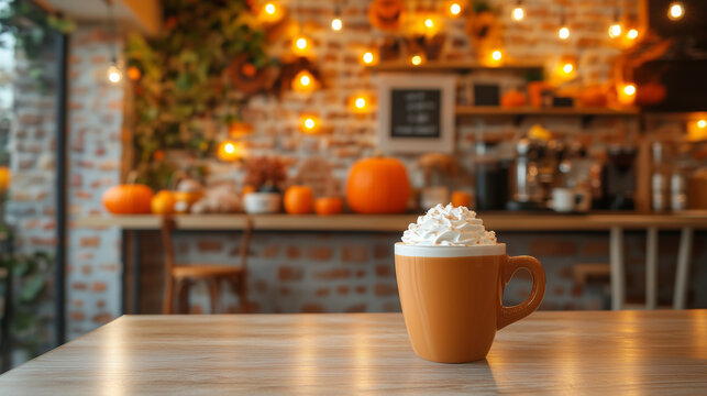 Lifestyle coffee shop interior, barista serving pumpkin spice latte with whipped cream, halloween decor in background, pumpkins on counter, cozy warm lighting, autumn festive mood