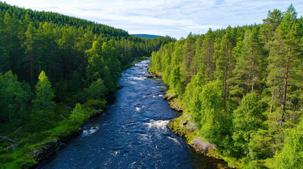 Serene river flows through lush green forest, surrounded by tall trees and vibrant foliage, creating peaceful natural landscape