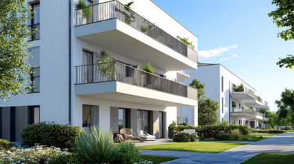 Fototapeta premium Modern residential building with balconies, lush greenery, and clear blue sky creates serene atmosphere