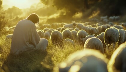 A person sits in tall grass, observing a large group of sheep grazing peacefully in the warm light of the setting sun.