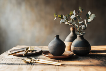 Elegant minimalist table setting with matte ceramic vases, wooden plates, and gold flatware. Natural light and muted tones create a warm, rustic atmosphere with modern Japanese-inspired aesthetics.