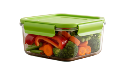 Freshly prepped veggies in a bright green lidded glass container a commitment to a healthy on transparent background