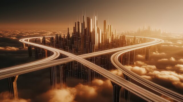 An advanced city rises from the clouds, connected by intricate, multilevel highways that curve gracefully towards the golden horizon