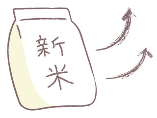 新米の袋と矢印の手描き風イラスト（黄色）