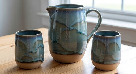 Artisanally glazed ceramic pitcher and tumbler set on wooden surface