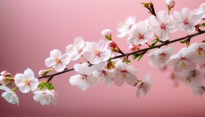 Obraz premium Delicate Branch Laden With White Cherry Blossoms Against A Soft Pink Backdrop