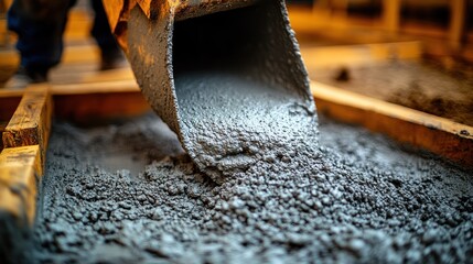 Close-up of concrete being poured into wooden formwork