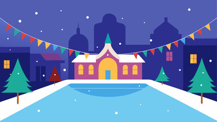 Naklejka premium Winter village scene with ice rink and festive decorations