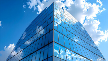 Architectural Ascent: A modern architectural marvel of a commercial building stands tall, its glass facade reflecting the clear blue sky and fluffy clouds. A symbol of progress.