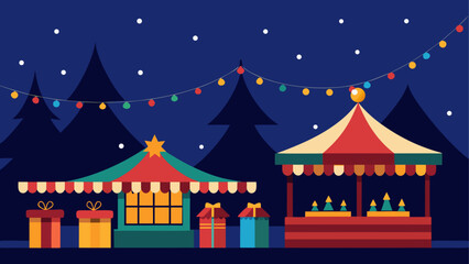 Obraz premium Festive christmas market scene at night with decorated stalls and gifts