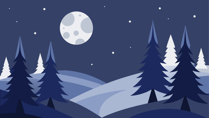 Fototapeta premium Minimalist winter night landscape with full moon and pine trees