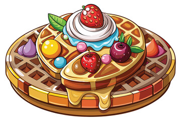 Colorful Cartoon Waffle Tower with Strawberry, Cream and Cherries Delightful Stack of Whimsical Waffles Ready to Eat