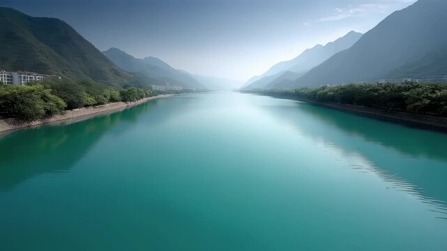 Picturesque Scenery: Tranquil and Fresh Natural Beauty on Green Water