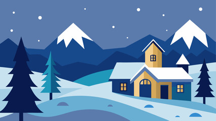 Fototapeta premium Cozy winter cabin scene with snow covered mountains and trees