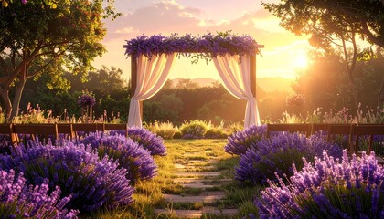 Magical garden wedding venue setup with a flower arch and lavender bushes during a scenic sunset