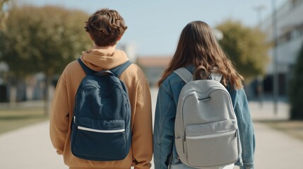Fototapeta premium Two Students Walking Together with Backpacks in a School Environment Surrounded by Trees and Modern Architecture on a Sunny Day