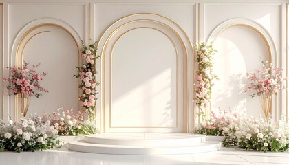 Fototapeta premium Elegant sunlit wedding ceremony stage featuring classic white arches adorned with lush pink and white flowers for a romantic celebration
