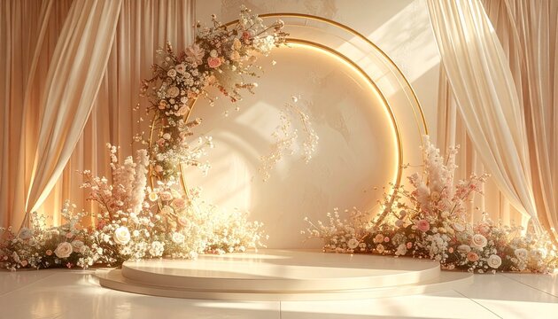 Luxurious matrimonial stage setup with a golden circular arch, pastel floral arrangements, and soft romantic lighting