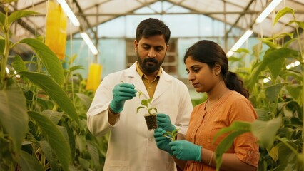 Indian researcher taking agricultural samples in greenhouse setting