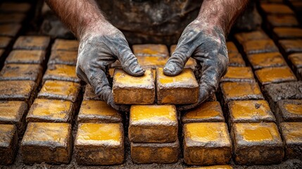 Close-up of hands in black gloves arranging paving stones